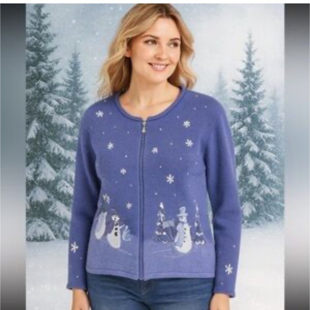 Croft & Barrow Women Snowman Cardigan Sweater L purple  Winter Knit angora blend